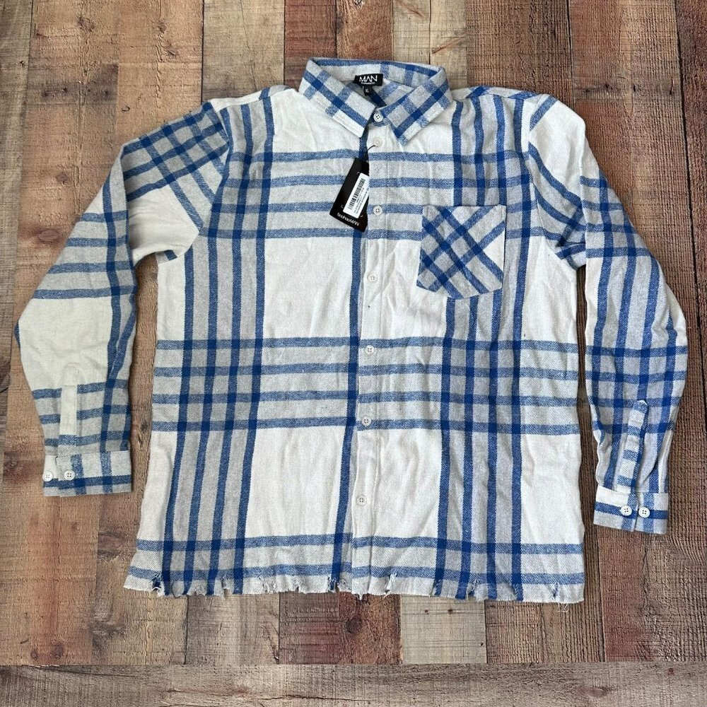 Boohoo Man check oversized shirt with distressed hem cobalt blue button down XL